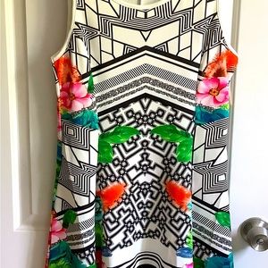Black and white geometric dress with large red and green detail